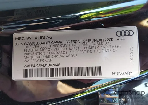 2018 Audi A3 2.0T Premium/2.0T Tech Premium from USA, damaged, VIN WAUAUGFF4J1062846